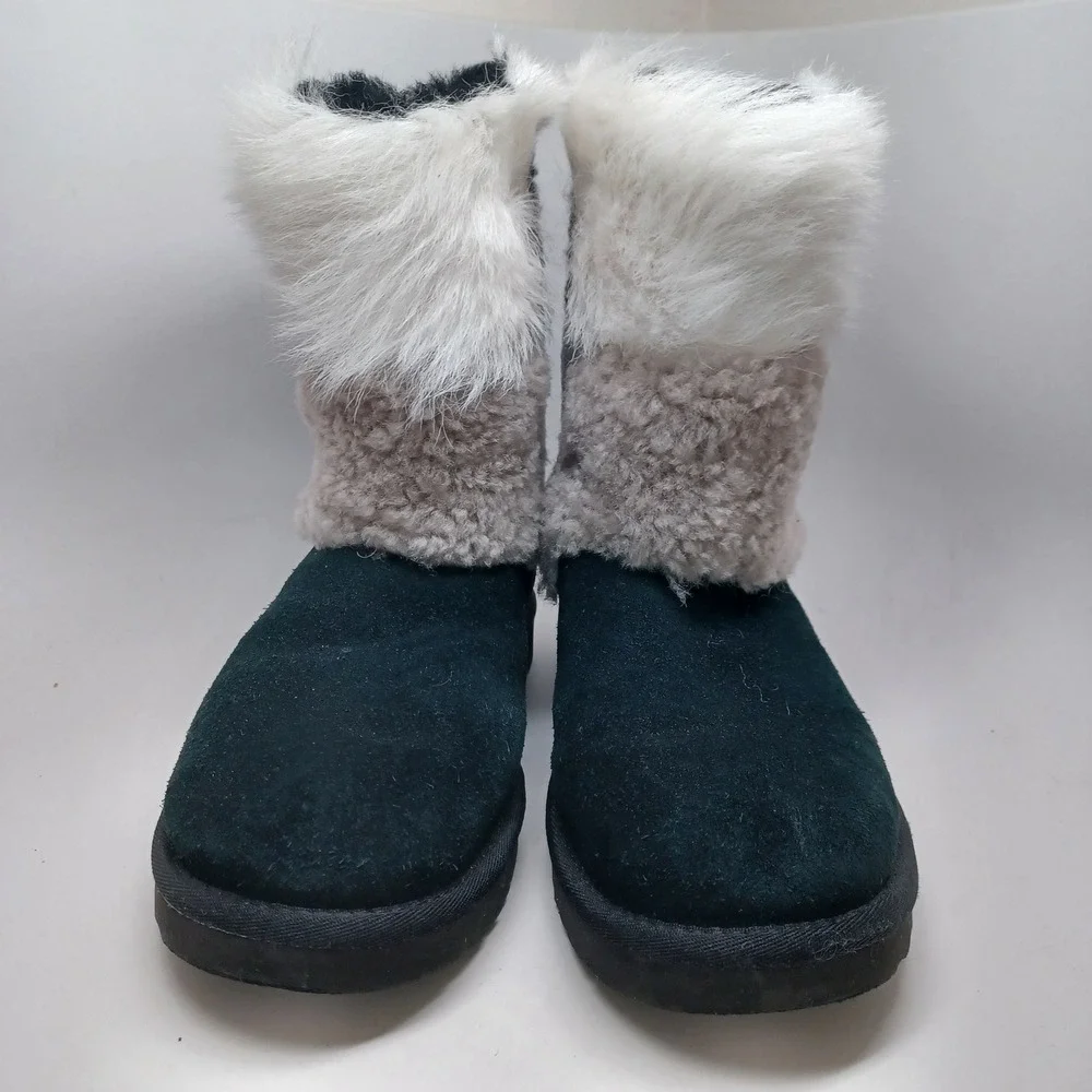 UGG Australia Women Black Suede Mixed Faux Fur Lace Up Back Boots US 8